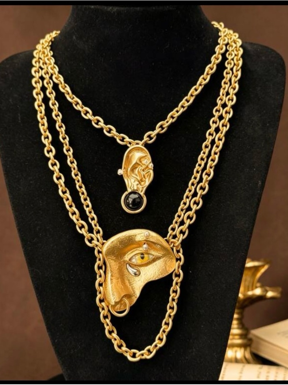 Schiaparelli Inspired Gold-Tone Sculptural Face Pendant Layered Necklace